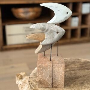 Wooden Fish Sculpture Trio - Neutral Coastal Decor